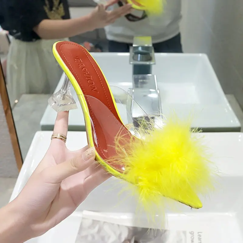 

Large size women's shoes wool slippers transparent crystal with pointed high heel sandals and slippers