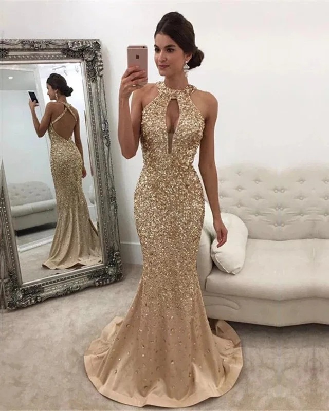 

Bling Crystal Beading Gorgeous Mermaid Evening Dresses Sexy Backless Halter neck sleeveless Prom gowns, Picture