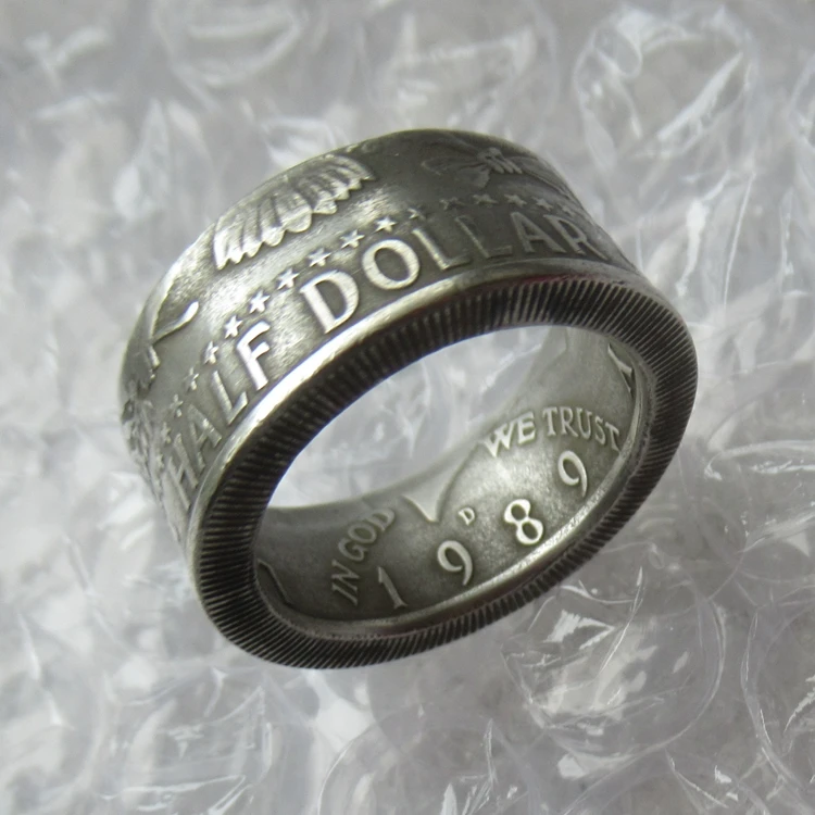 

Handmade from 1989D Kennedy Half Dollar "Date" Inside of the Ring Vintage Silver Plated Handmade US Size 7-12# Coin Rings