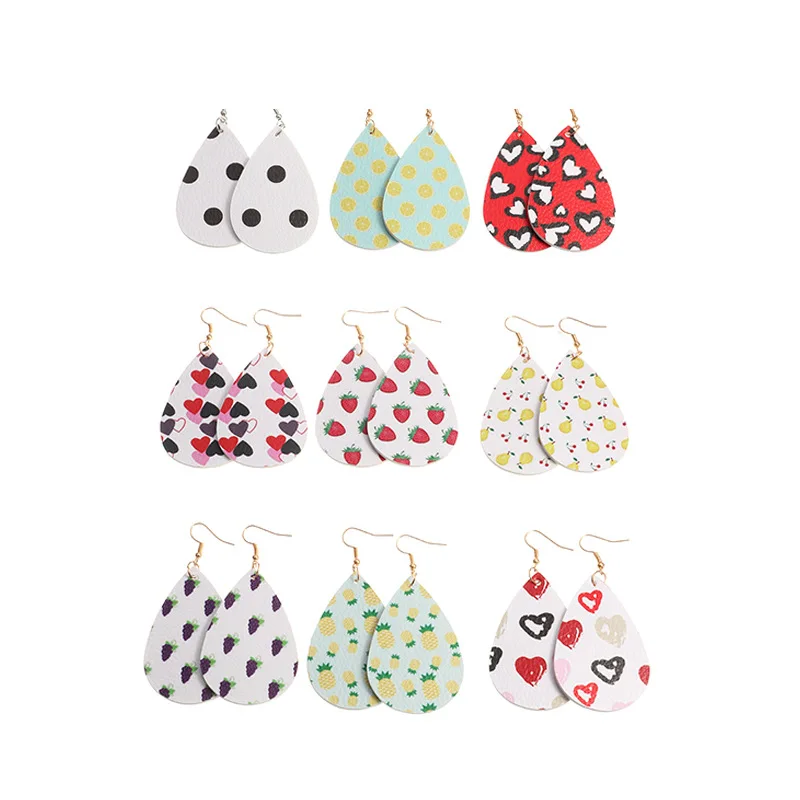 

JUHU New simple and fresh PU material fruit shape earrings drop-shaped love double-sided leather earrings wholesale, Colorful