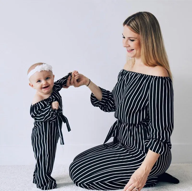 
Family Matching Clothes black striped full Printed Long Dress Mother Daughter Dresses Matching Outfits Mommy and me clothes 