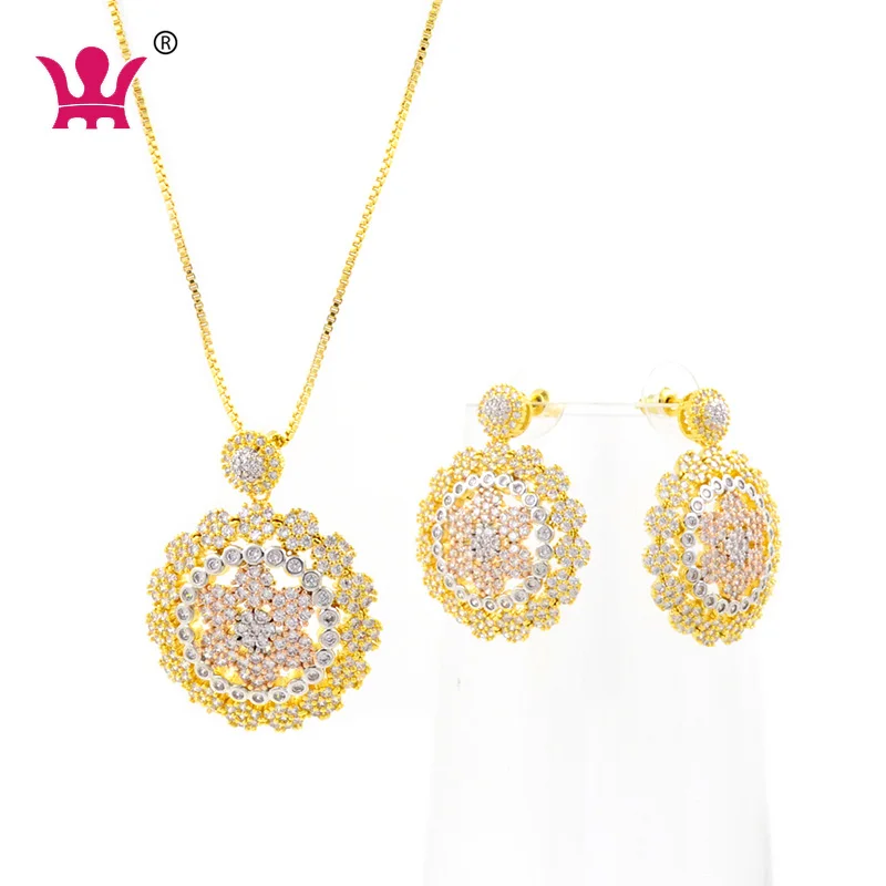 

Wmjys0054 Jewelry Sets Round Circles CZ Stone Brass Necklaces & Earrings Set for Bridal, White stone with three colours platium plated