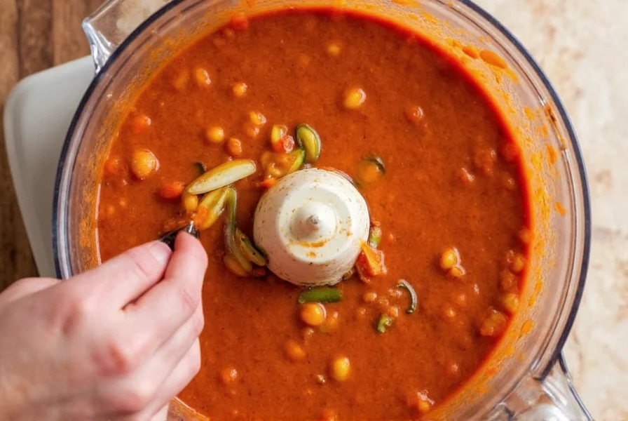 Fresh vegetables being blended into smooth puree for chili thickening