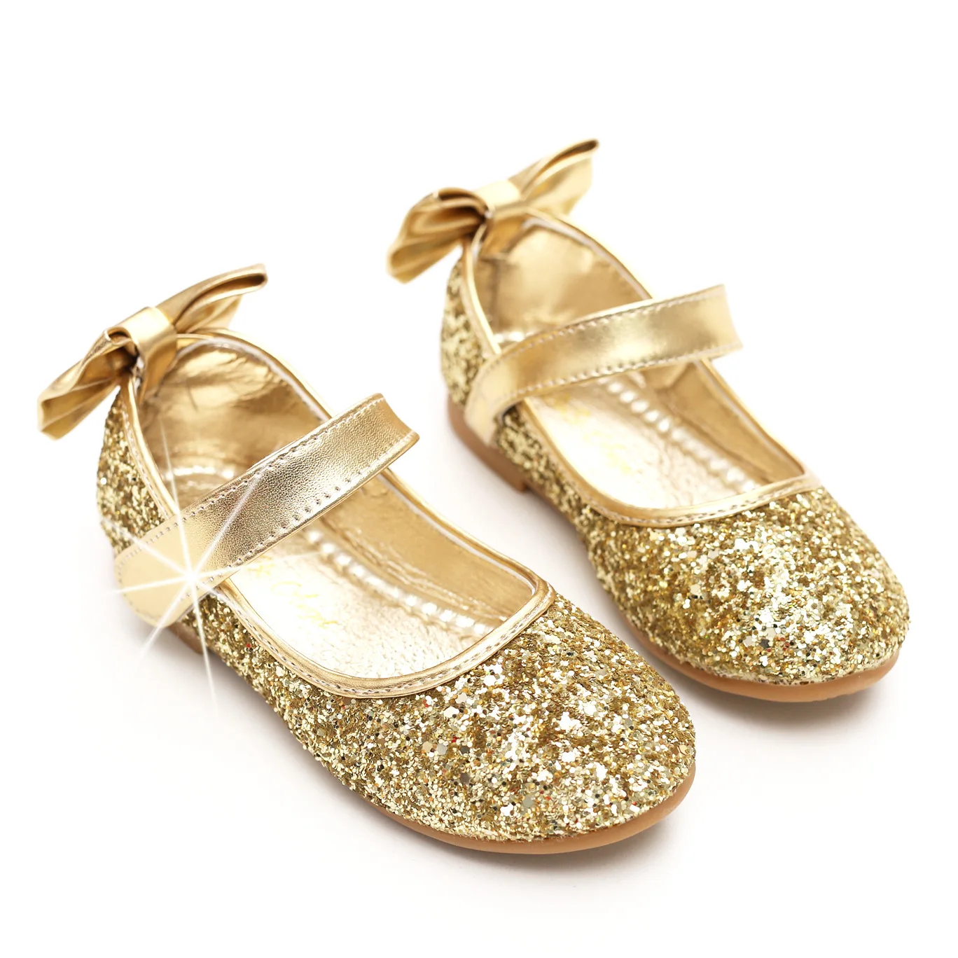 

Lovely casual versatile round end flat shoes GOLD SEQUIN breathable leather shoes girls' shoes, Picture