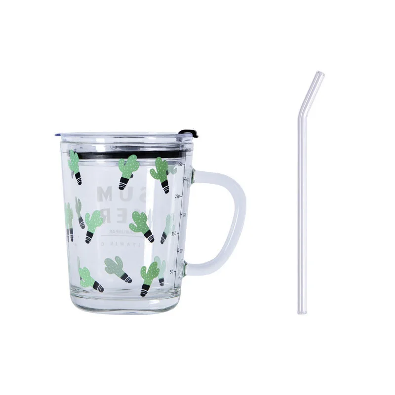 

Best selling heat resistant girls cartoon glass milk juice tea coffee mug clear glass coffee cup with handle and straw, As picture showing