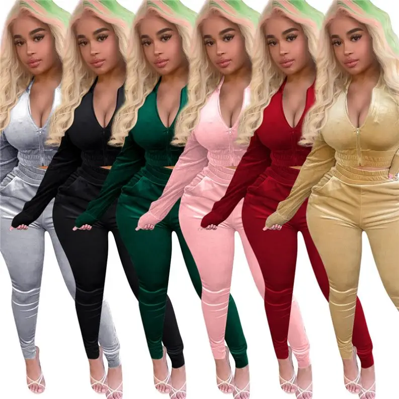 

Ladies Winter Two Piece Set Tracksuits Set For Women Trouser Pants Velvet Fabrics Crop Tops Sexy Women Two Piece Outfits