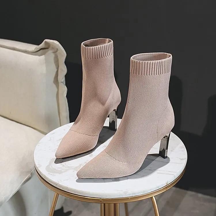 

sh11096a Metal Blade Heels Socks Boots Women Stretch Fabric Elastic Stilettos Heel Pointed Toe Ankle Boots Shoes Woman 2021