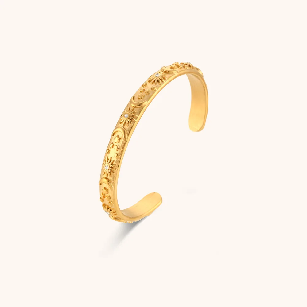 

Vintage 3D Engraved Star Sun Stud Earring Stainless Steel 18K Gold Plated Zircon Moon Bangle Bracelet For Women