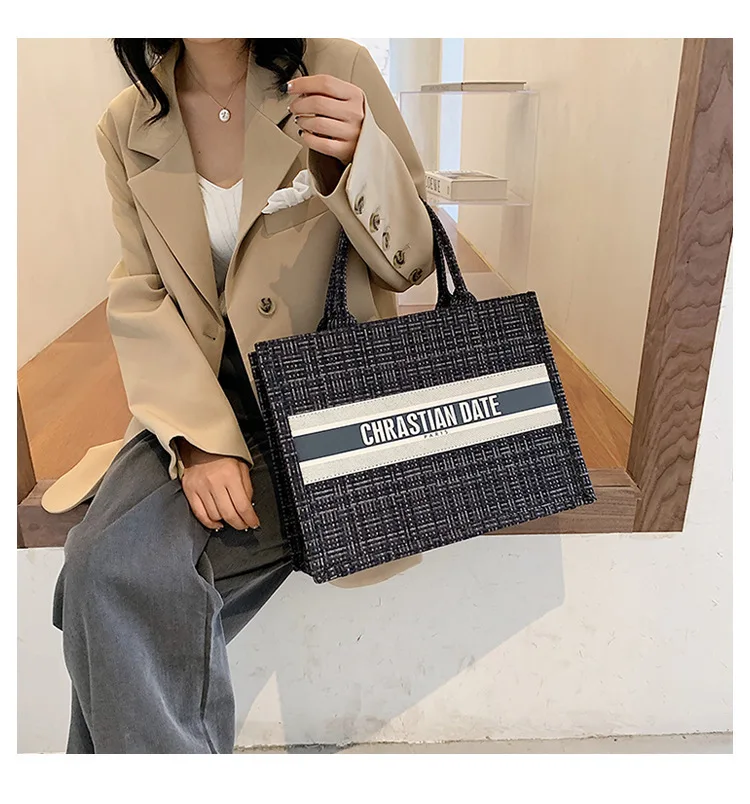 

2021 Trendy Lattice Pattern Women Tote Bag Canvas Tote Bag for Ladies Hand Bags, Pink, blue, black, khaki