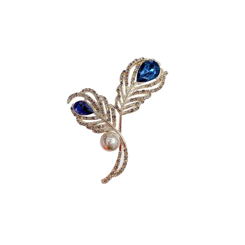 

JAENONES 2021 Fashion Jewelry Customize Crystal Rhinestone Brooches Elegant Pearl Feather Brooch For Woman