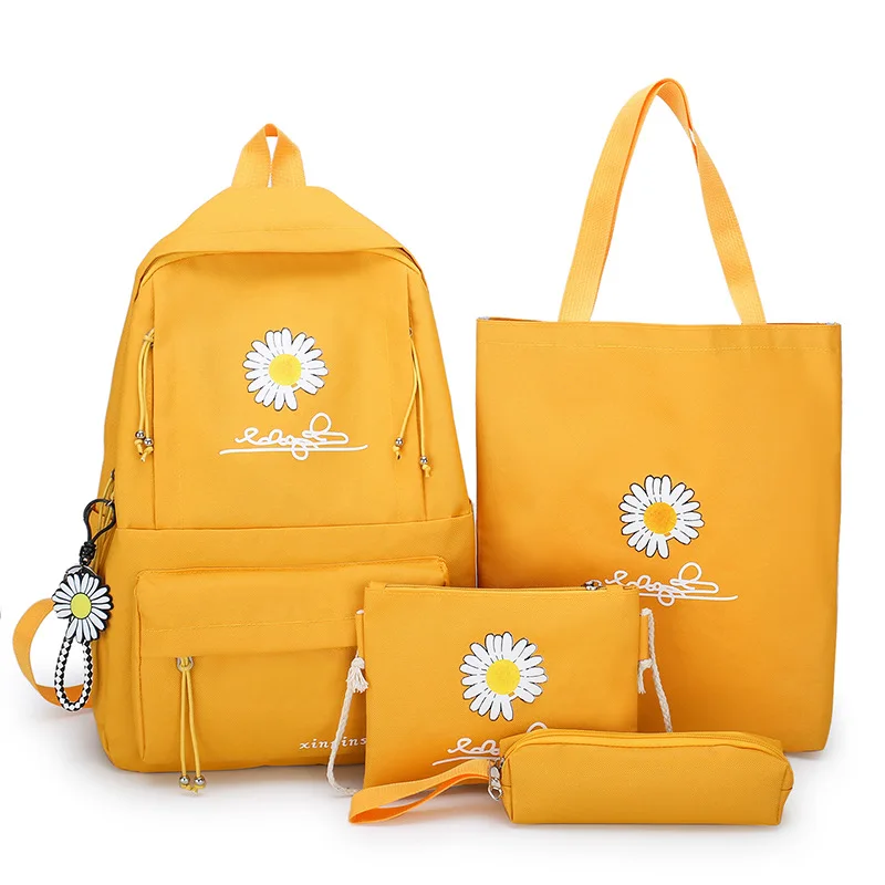 

Customized Korean Girl Pure Color Four-Piece Set Of Small Daisy Print Nice Backpack Large-Capacity Student Canvas School Bag, Dark green/green/pink/yellow/black
