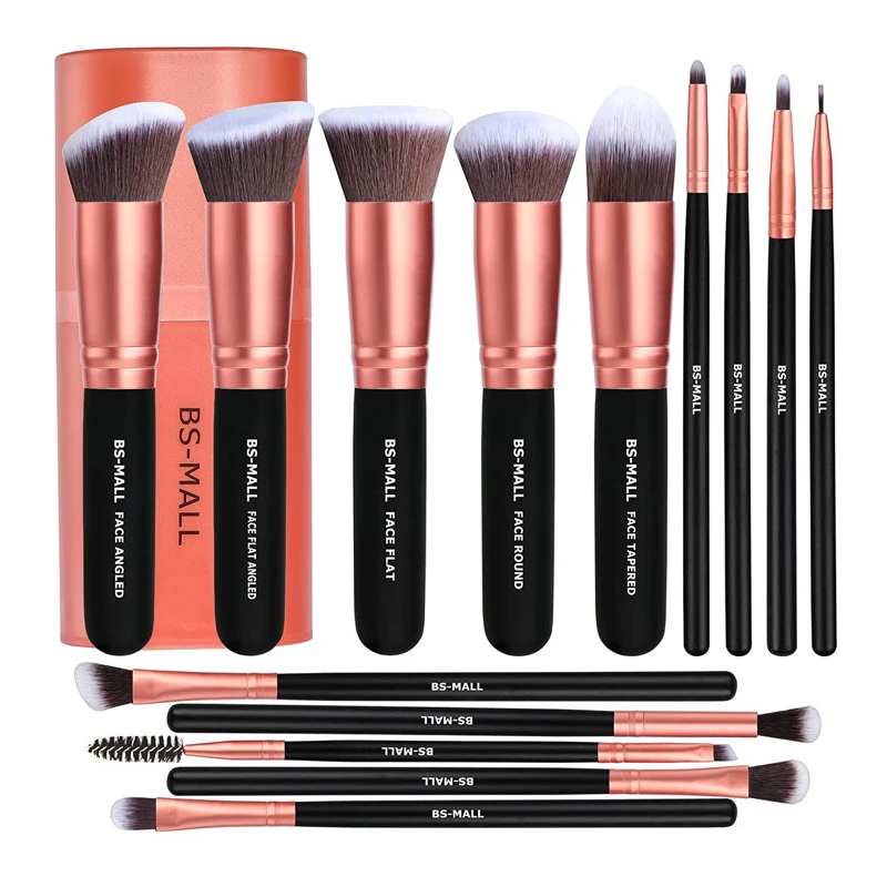 

Amazon Best Sell BS-MALL Custom Label Makeup Cosmetic Brushes 14 PCS Rose Gold Synthetic Makeup Brushes Set