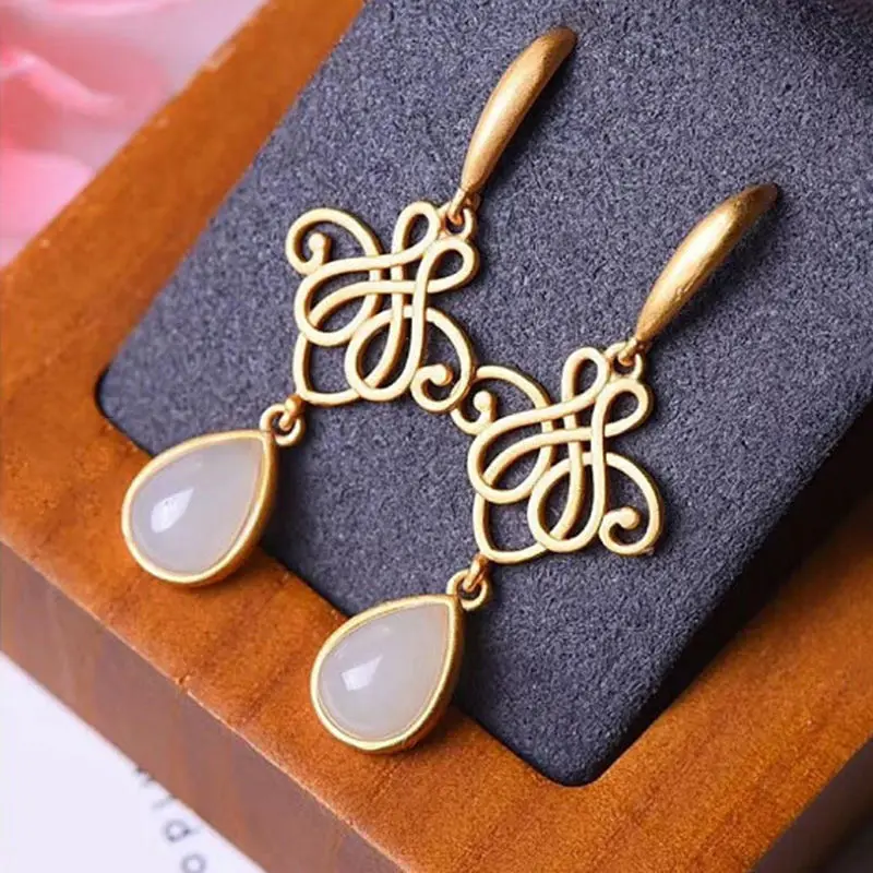 

Sandro Gold-plated earrings inlaid Hetian white jade earrings Petite Chinese knot drop classic elegant earrings