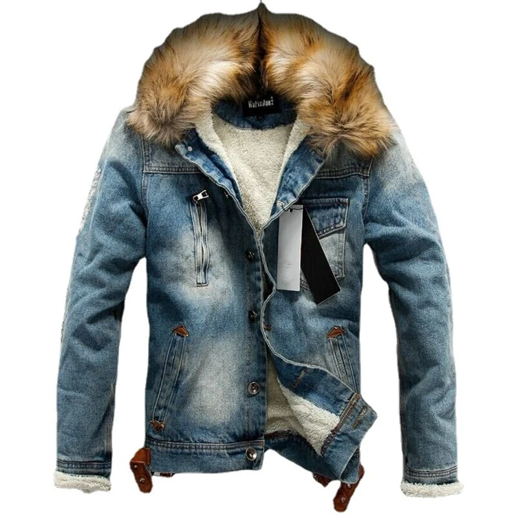 

2021 Winter Wholesale plus size fur collar plus velvet thick denim jacket coats for men
