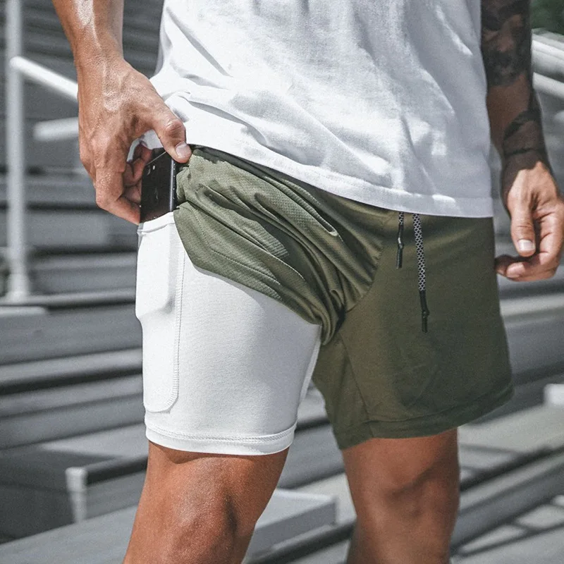 

Mens Breathable Faux Two Piece Gym Running Shorts With Pockets