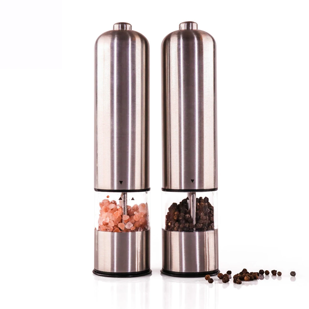 

E096 Wholesale Stainless Steel Automatic Electric Pepper Salt Grinder Bottles Dried Garlic Ginger Spices Tools Salt Pepper Mills, Silver