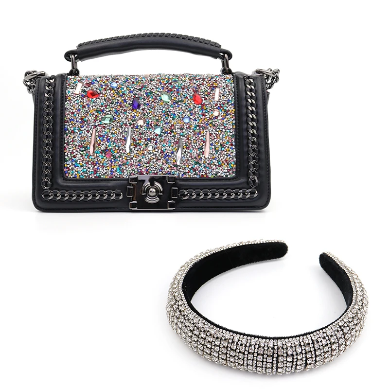 

Fashion New Designer Bedazzled Crystal Hand Bags Rhinestone Bling Diamond Bag Luxury Handbags With Headbans Hairbands Women, Black