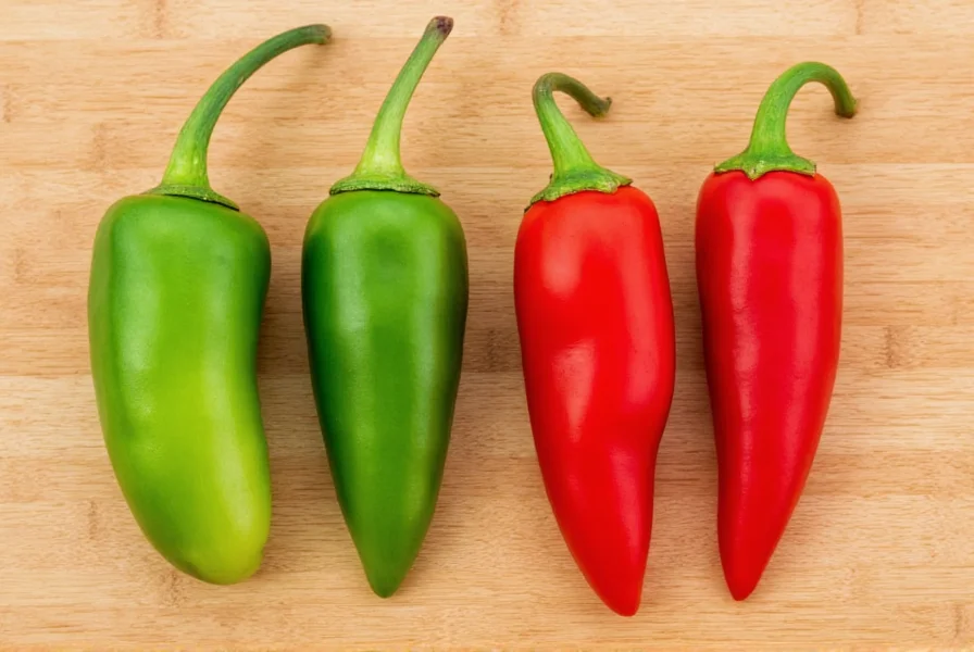 Side-by-side comparison of fresh green and red Fresno chili peppers on wooden cutting board