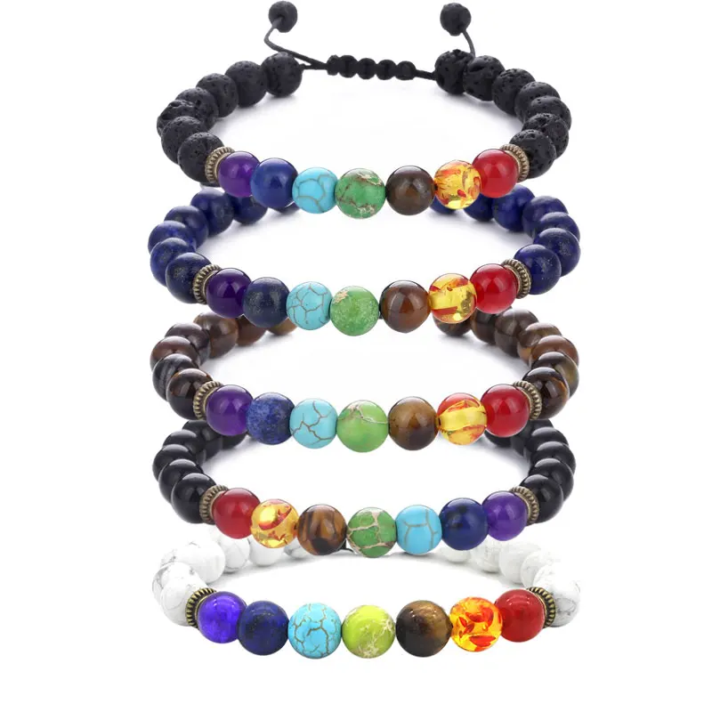 

Adjustable Natural Stone Beads Yoga Valconic Healing Energy Lava Stone 7 Chakra Diffuser Bracelet ST09, As the pictures