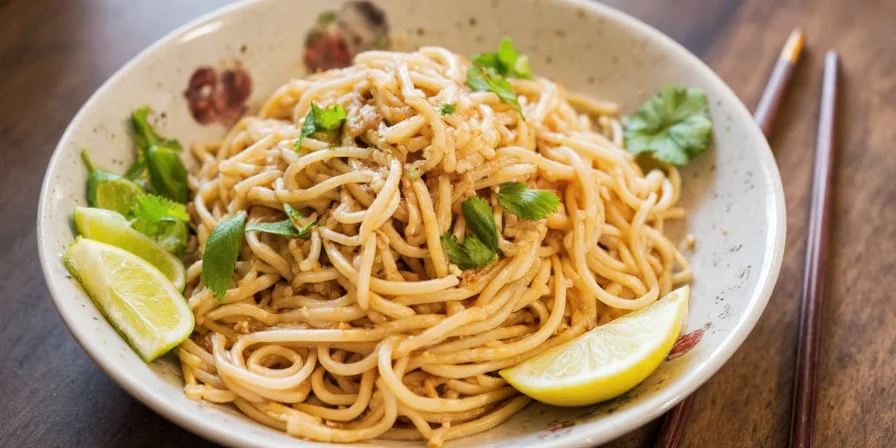 Chef stir-frying lemongrass chicken vermicelli in a hot wok