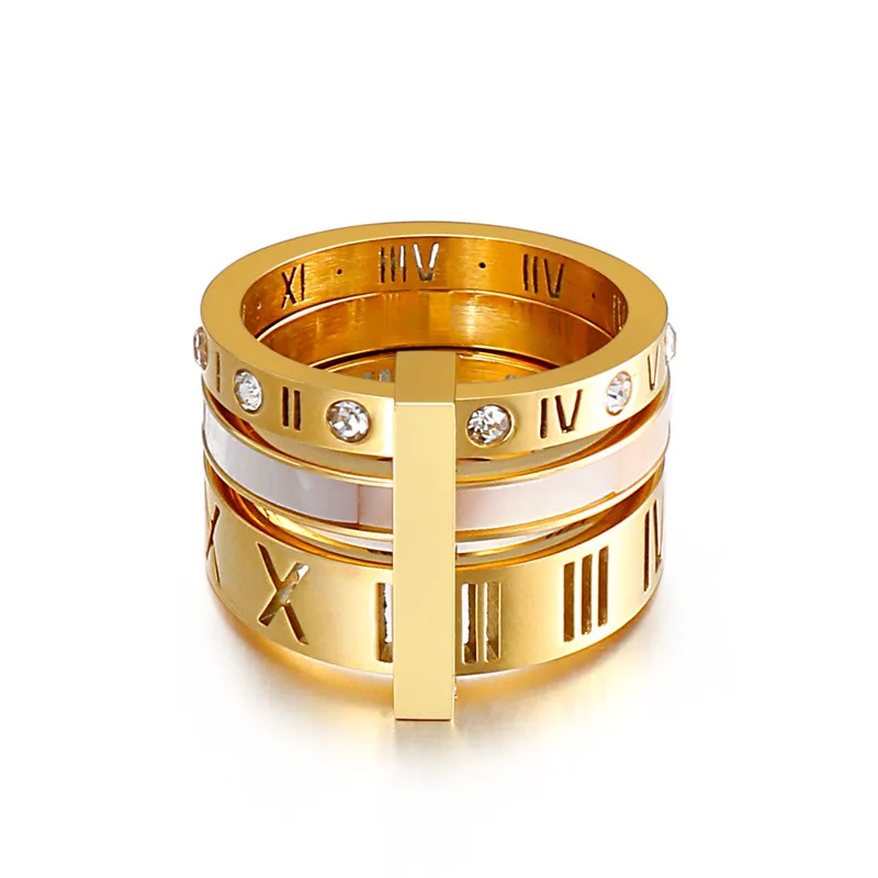 

Qings Fashion Jewelry Multi-layer CZ Vintage Rome Numeral Gold Plated Letter Stainless Steel Ring