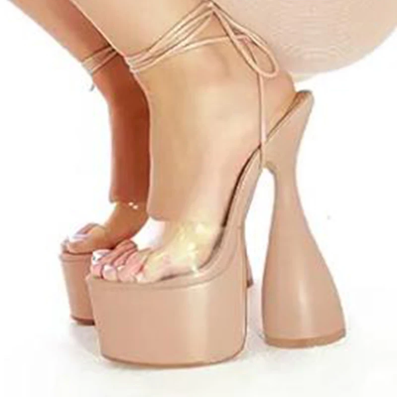 

Summer 2022 Sexy PVC Transparent Peep Toe Ankle Strap Sandals Women Fashion Platform Strange High Heels Party Stripper Shoes