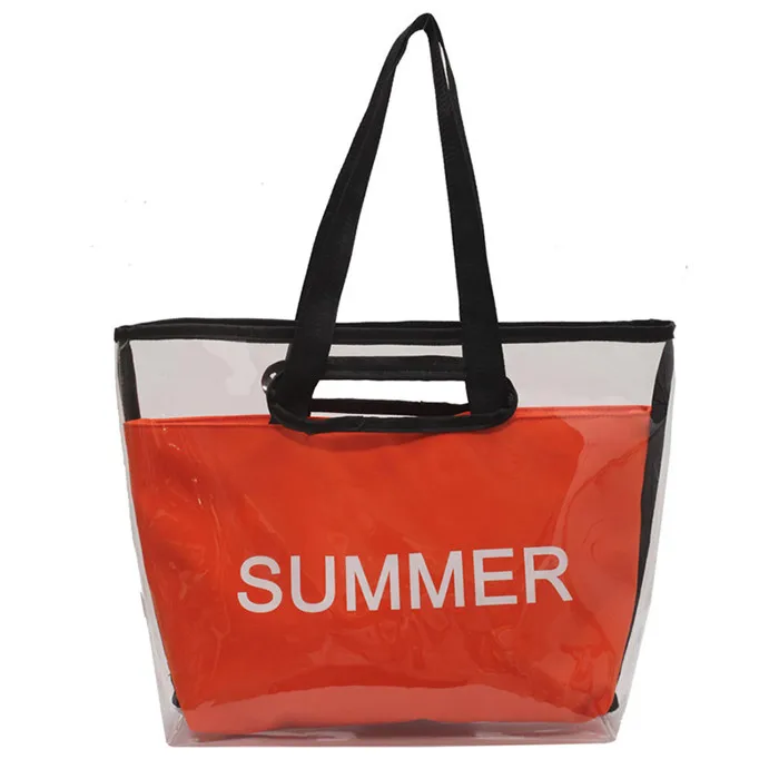 

2021Wholesale Beach Clear 2 in 1 Waterproof Handbags Jelly Tote Shoulder Bag, White,black,orange