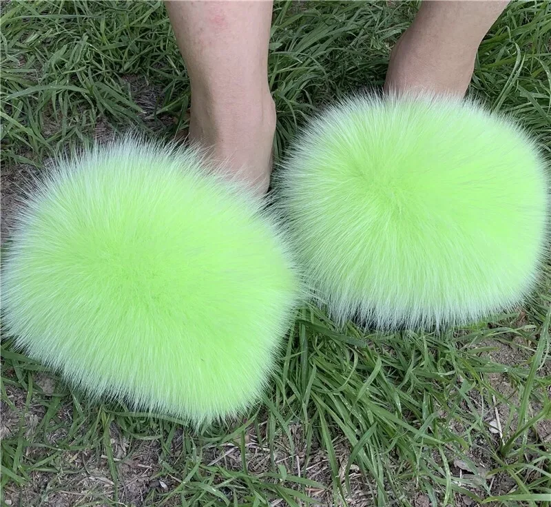 

Wholesale Luxury Fur Monochrome Girls Fluffy Real Fox Fur Slippers slippers with natural fur, Customized color
