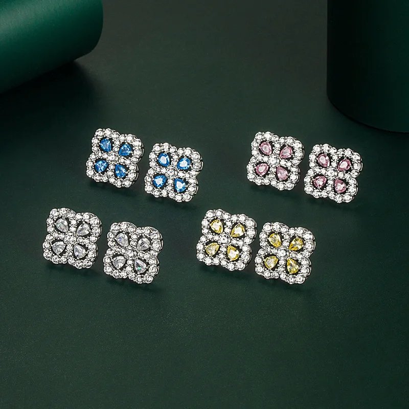 

S925 Silver Needle Full Drill Hollow Clover Earrings Sweet Small Fresh Color Treasure Earrings