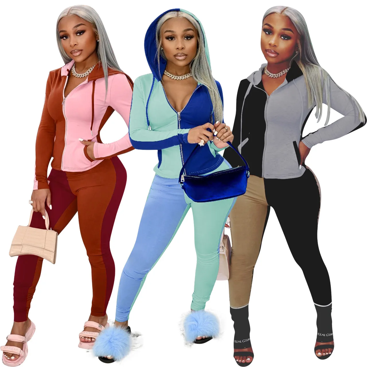 

Custom Logo Fashion Multicolor Splicing Zipper Fashion Two Piece Pants Set Women Clothing Sweatpants And Hoodie Set
