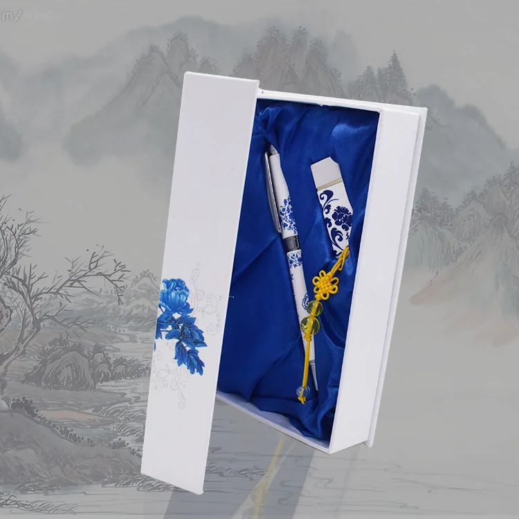 Blue and white porcelain U disk Business gift set Chinese style U disk pen set u disk - ANKUX.COM