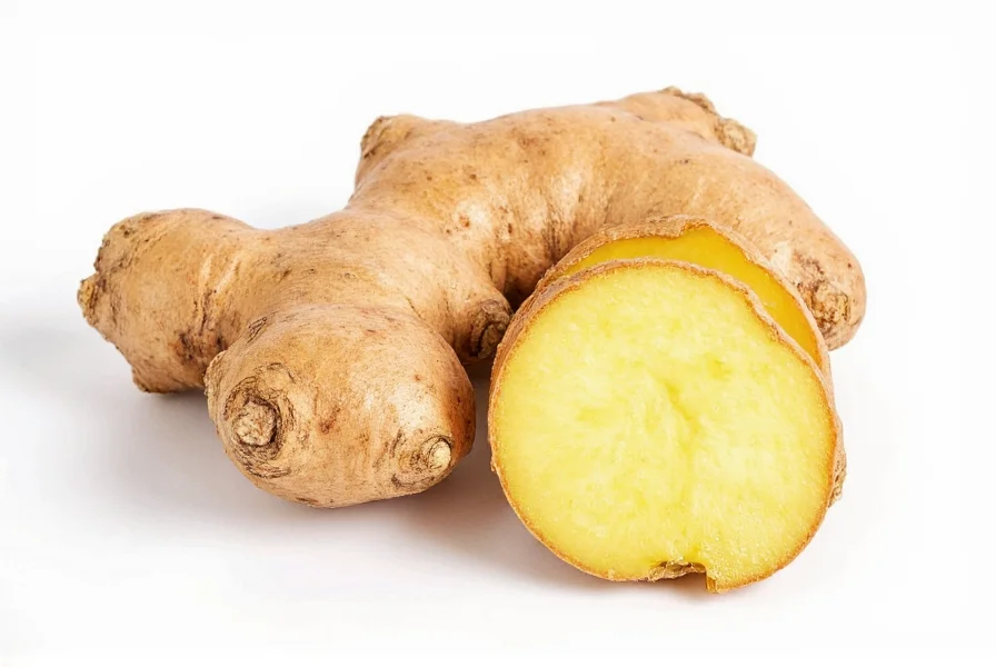 Various forms of ginger including fresh root, powder, and crystallized pieces