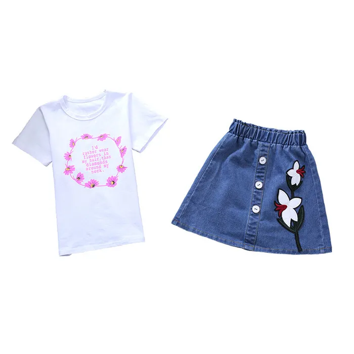 

Online Shopping China Supplier Children's Applique Button Denim Skirt Printed T-Shirt 2 Piece Sets