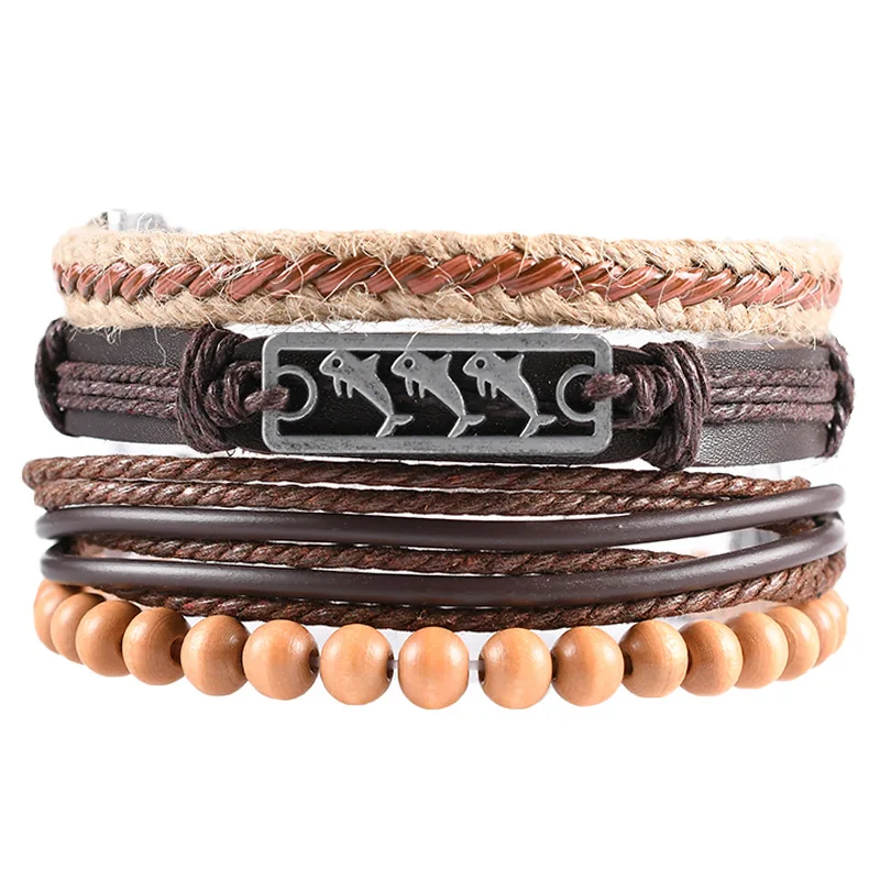 

Handmade Fashion Vintage Multilayer Mens Wood Bead Jewelry Pulseras Leather Bracelets For Men, Multi