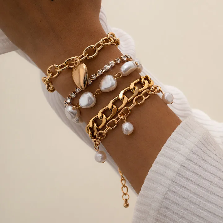 

summer stack heart bracelet adjustable cuban tennis crystal gold pearl bracelet sets, Gold,silver