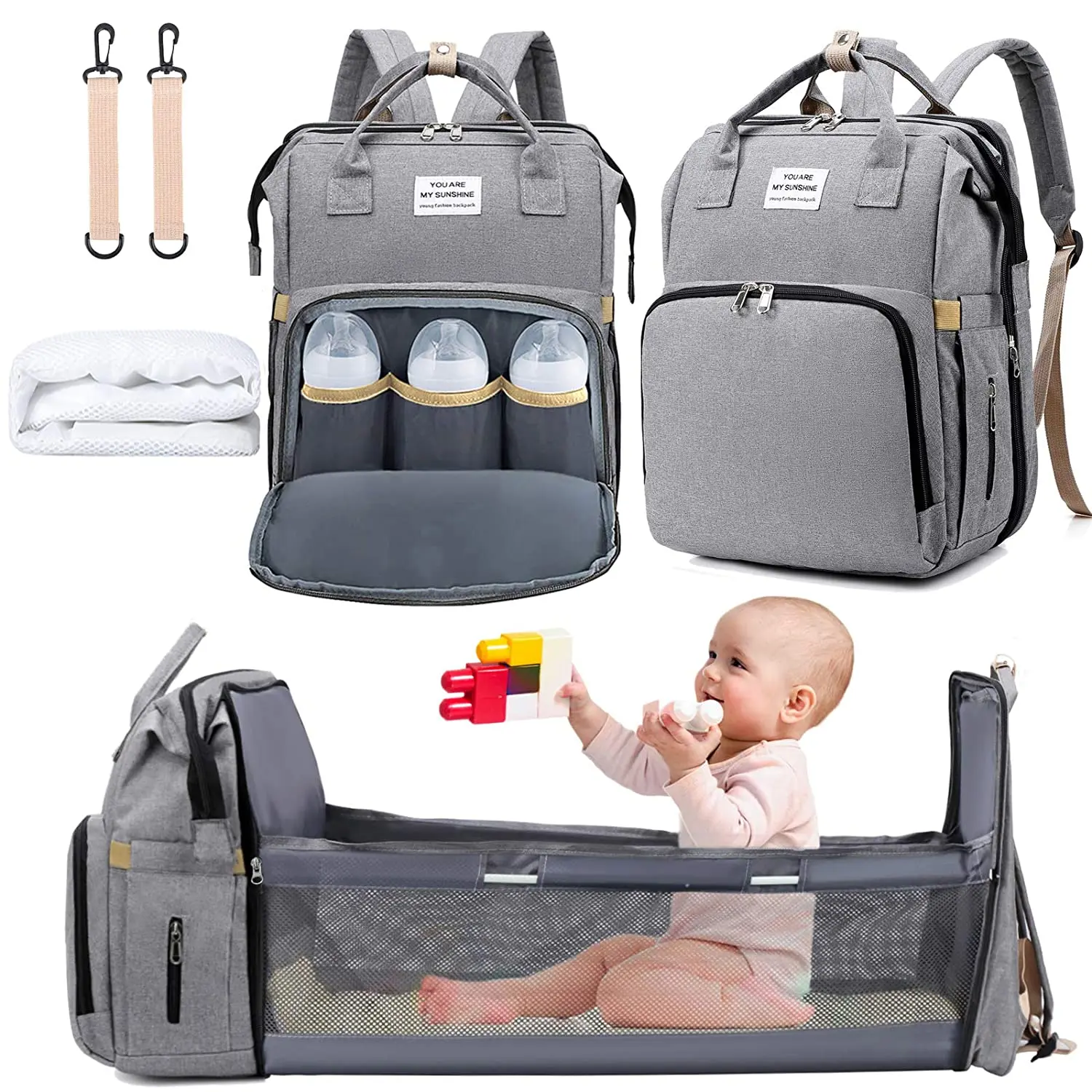 

Amazon Hot Selling 3 in 1 Mom Travel Backpack Folding Crib Baby Nappy Diaper Bags With Changing Station, Customized colors