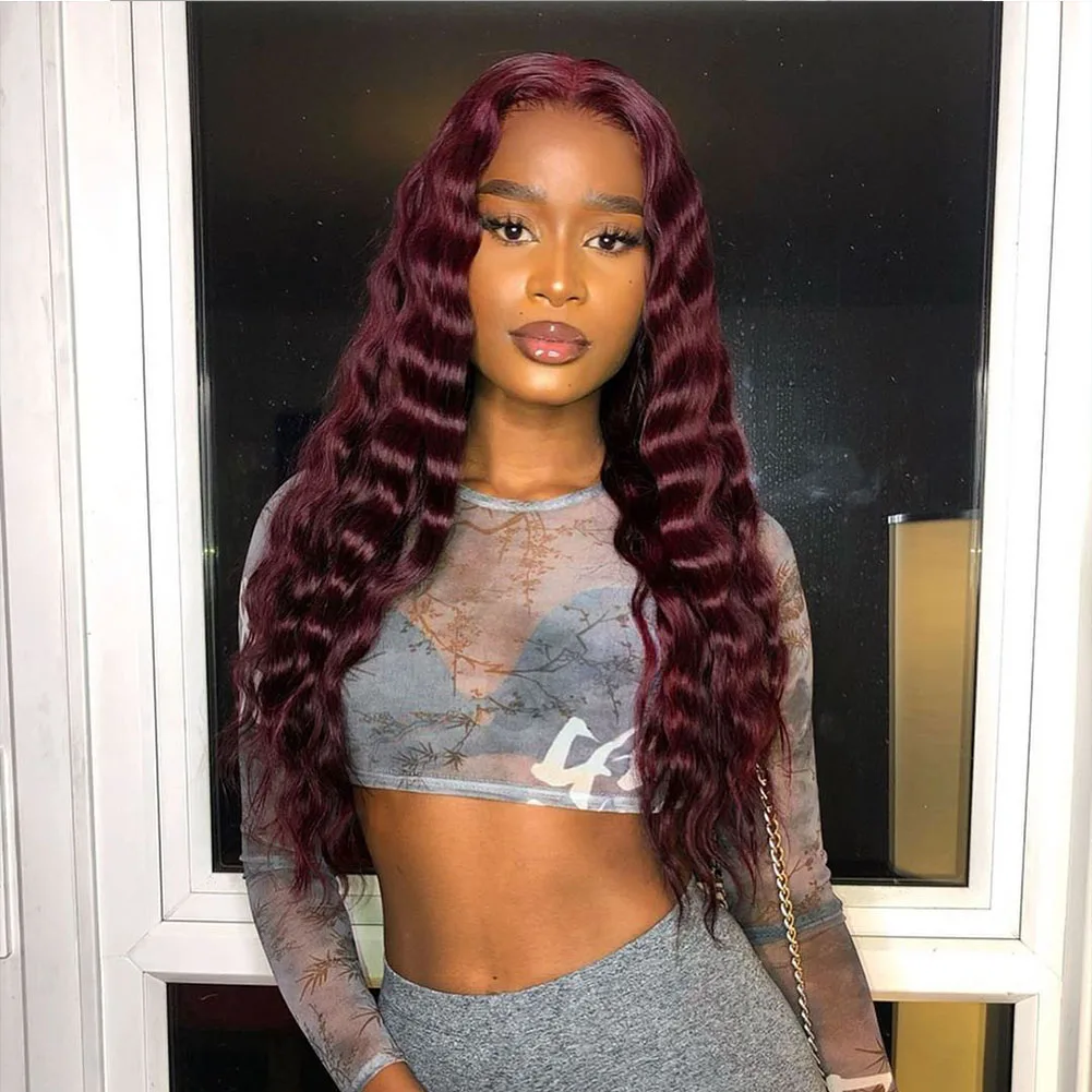 

Virgin Cuticle Aligned Burgundy Color Peruvian Hair Lace Frontal Wigs 99J Deep Wave Human Hair Wigs Lace Front