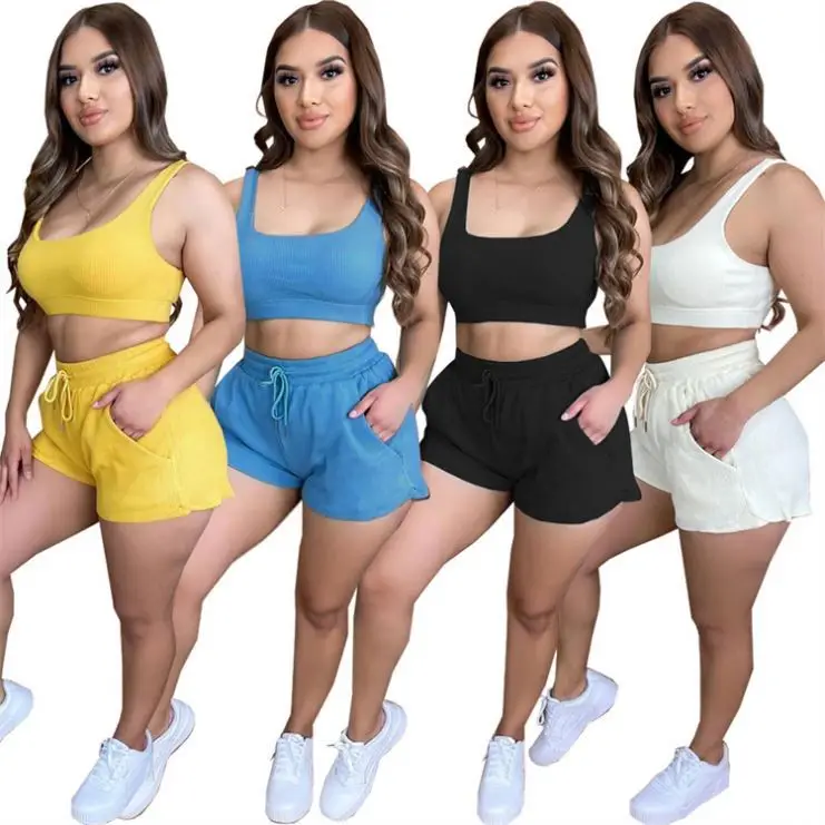 

TINA Wholesale Solid Color Sleeveless Tank Top Women 2 Piece Summer Set Workout Clothing Women Two Piece Short Sets