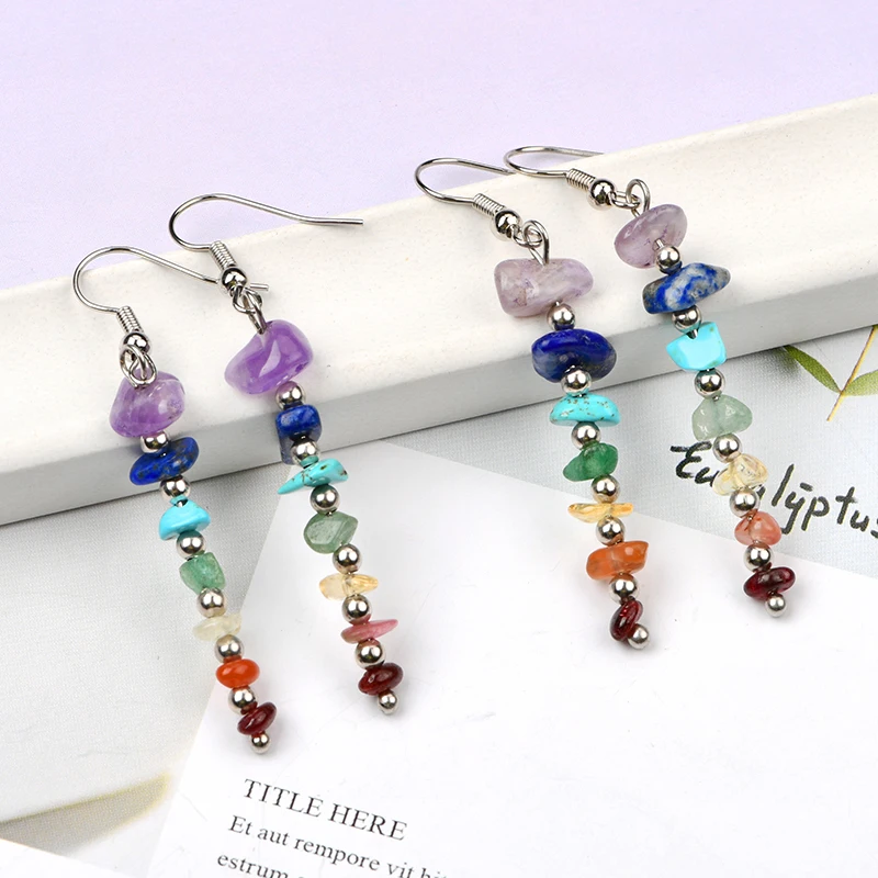 

Handicrafts 7 Chakra Women Drop Earrings Natural Crystal Original Stone Reiki Healing Bohemian Earrings Handmade Diy Jewelry