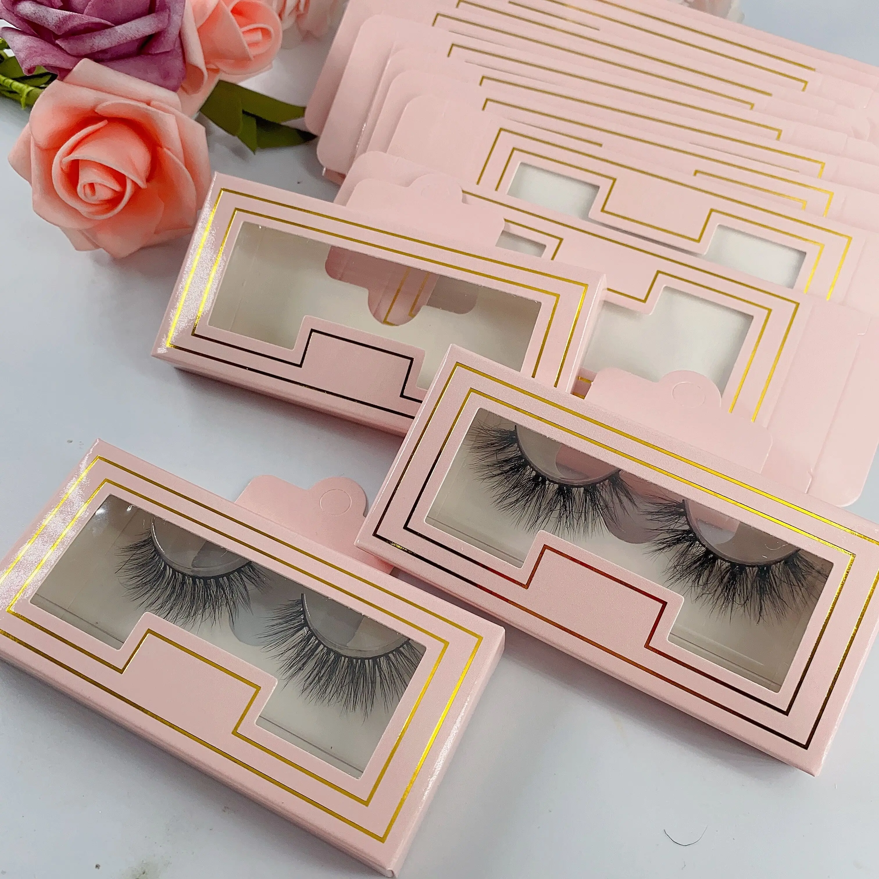 

cheaper Rose Pink lashpackaging box Luxury ribbon rectangle eyelash packaging box case