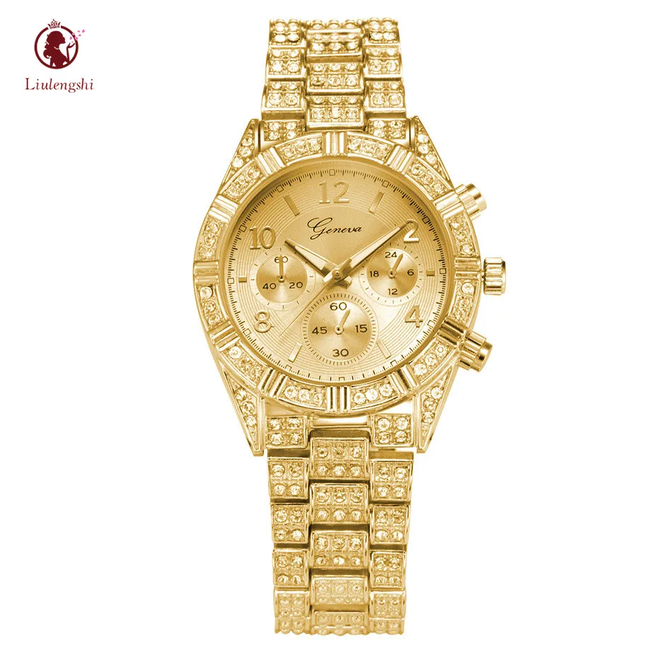 

Iced Out Crystal Bezel Arabic Numerals Time Indirector Dial Watches Inlay Rhinestone Diamond Nugget Analog Band Watches