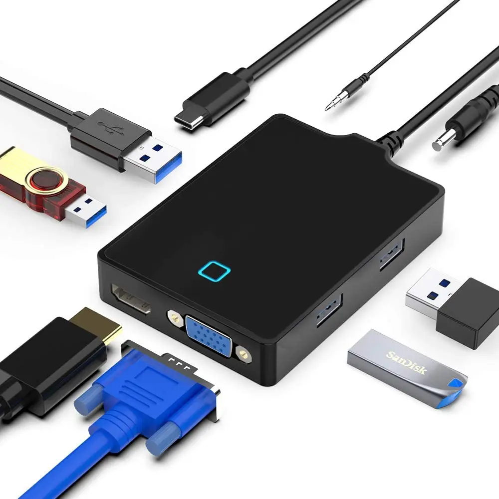 

2021 Amazon Top Seller 8 in 1 Dual Display VGA HDMI USB-C Dock 4 Ports USB3.0 Hubs For MacBook Pro Air USB C Hub, Grey