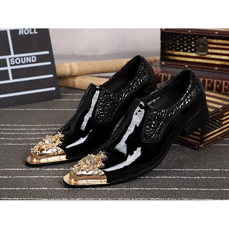 

Luxury Brand Gold Metal toe glossy Dress Men Leather shoes Zapatos Hombre Pointy Formal men's dress Shoes, Black/as pictures shows