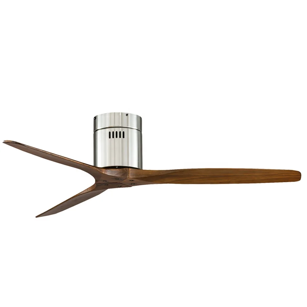 52 Inch Brushed Nickel Low Profile Power AC DC 3 Blade Wood Flush Mount Ceiling Fan Without Light