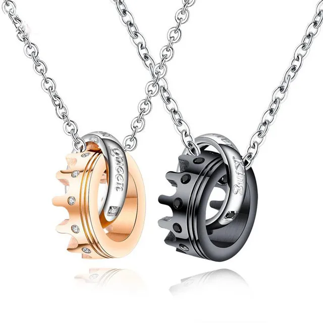 

His Queen Her King 316L Stainless Steel Jewelry Diamond Women Men Couple Crown Necklace, Black, rose gold