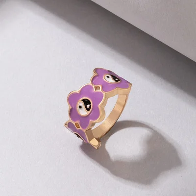 

New Cut Flower Ring Jewelry Originality Purple Ring Personality Yin & Yang Flower Decor Ring for Women Girls, As picture shows