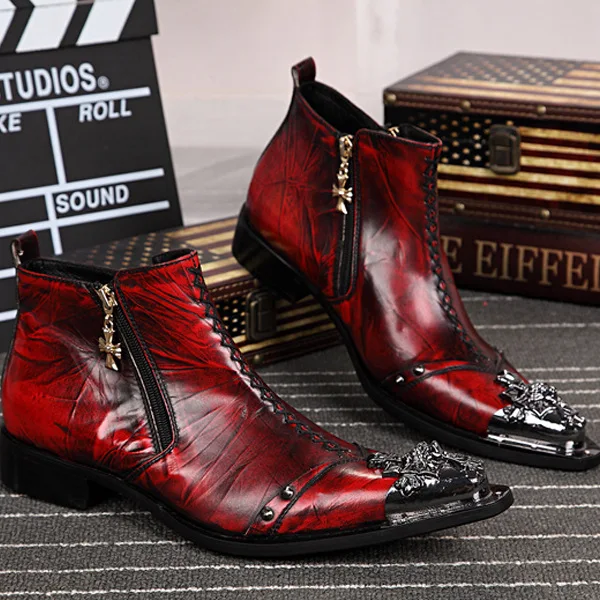 

Custom Logo Vintage Men's Chelsea Boots Plus Size Red Square Heel Iron Toe Zipper Men's Leather Boots
