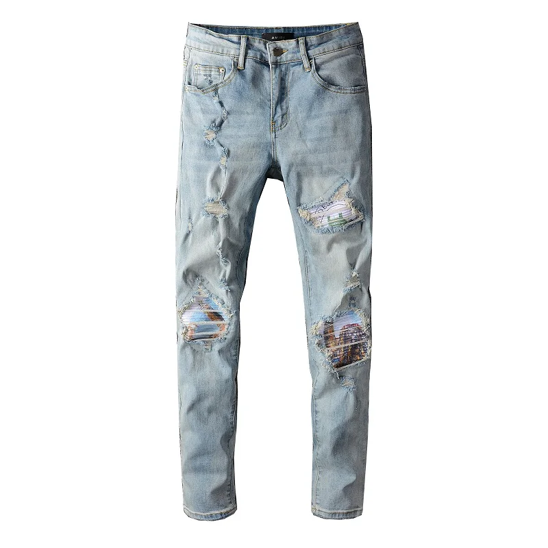 

Streetwear fashion design Men's ripped pants slim denim jeans for men, Picture