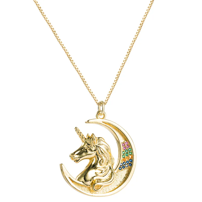 

2020 Europe and America latest creative micro inlay zricon necklace moon unicorn hiphop pandent necklace, Gold