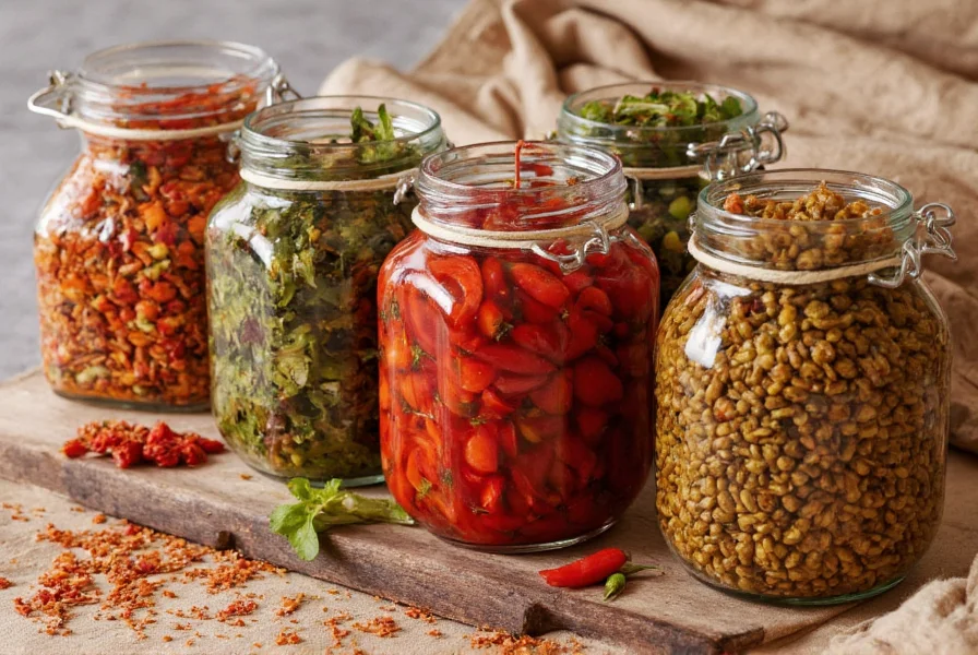 Various pepper substitutes arranged in jars showing different preservation methods for pimento alternatives